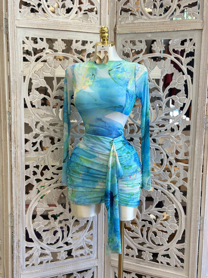 Mesh Blue Dye Mini Dress -Stretchy, Estira