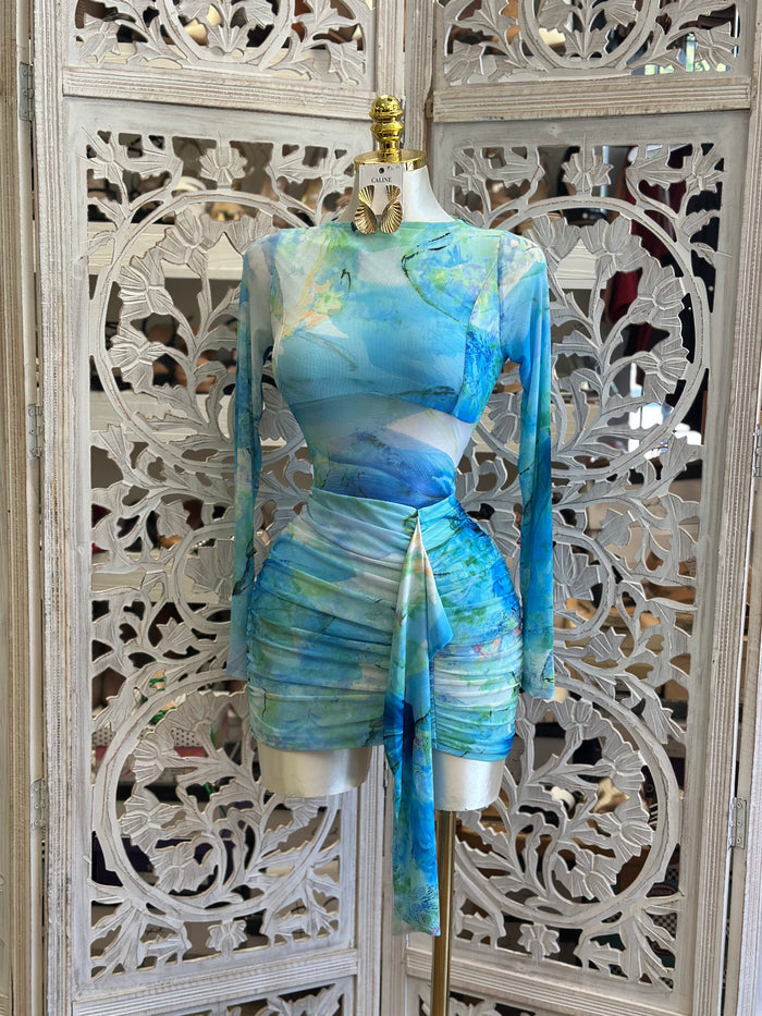 Mesh Blue Dye Mini Dress -Stretchy, Estira