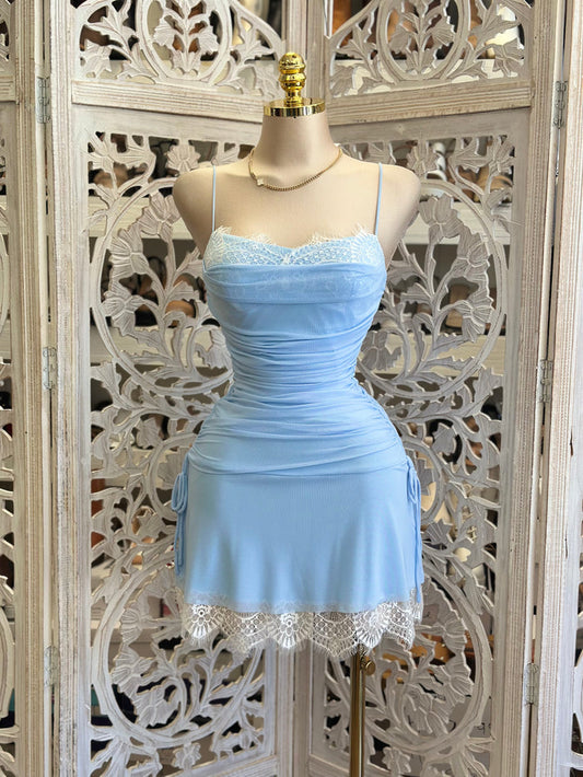 Mesh Blue Lace Mini Dress- Estira, Stretchy
