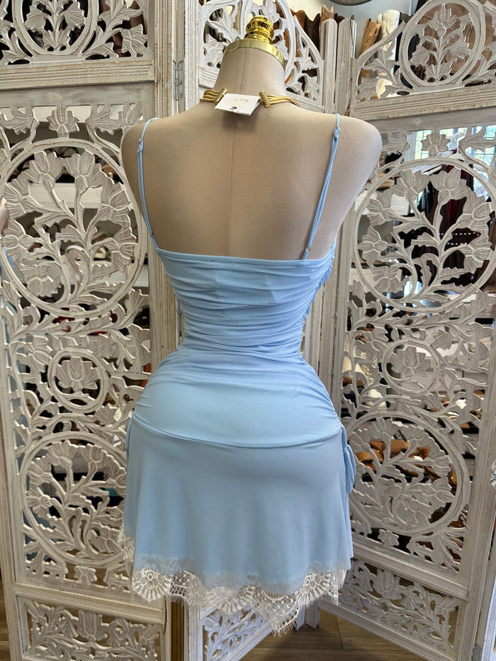 Mesh Blue Lace Mini Dress- Estira, Stretchy