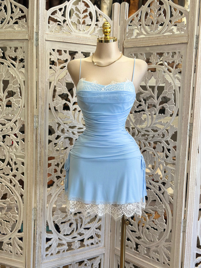 Mesh Blue Lace Mini Dress- Estira, Stretchy
