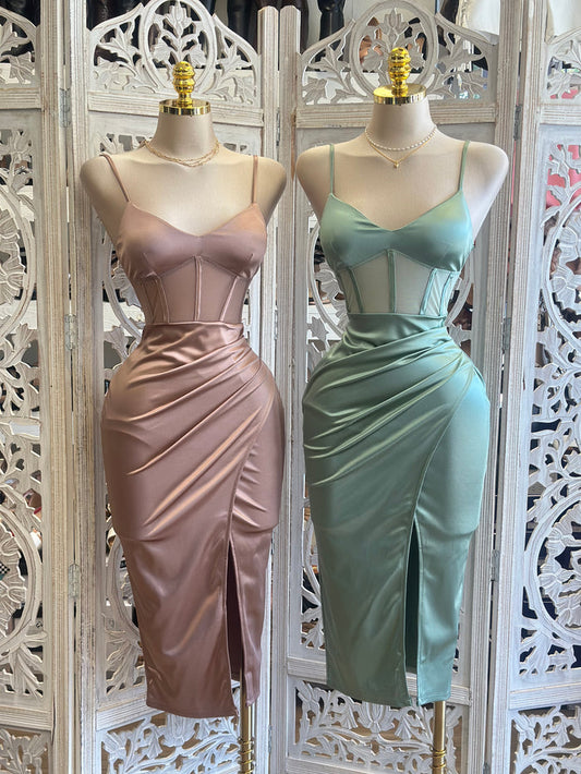 Mesh Corset Slit Midi Dress- Stretchy, Estira