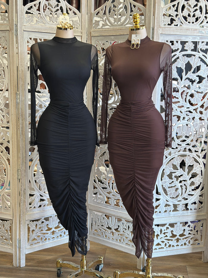 Mesh Embroidered Sleeve Ruched Dress- Stretchy,Estira