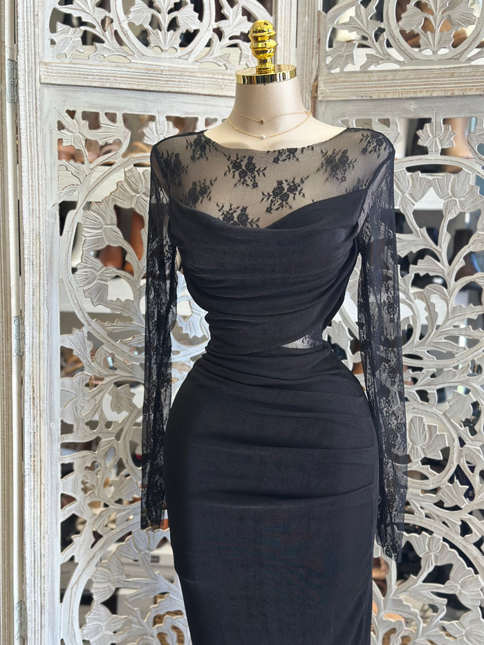Mesh Floral Black Dress- Stretchy,Estira