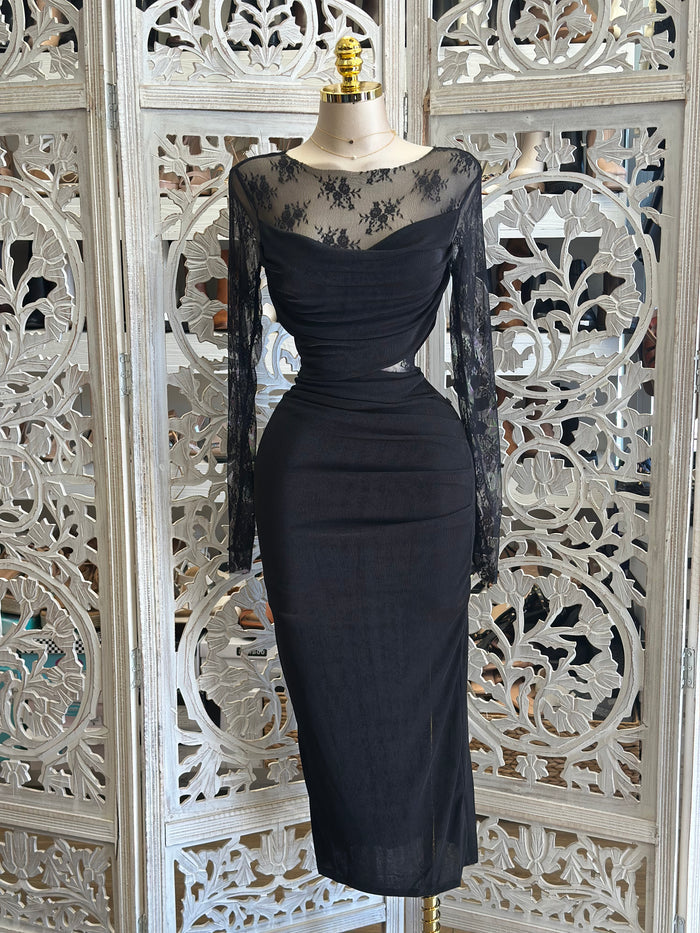Mesh Floral Black Dress- Stretchy,Estira
