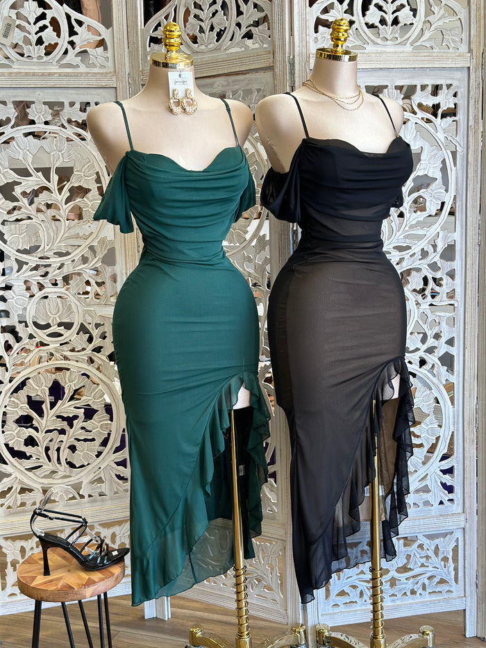 Mesh Off Shoulder Midi Dress- Stretchy,Estira