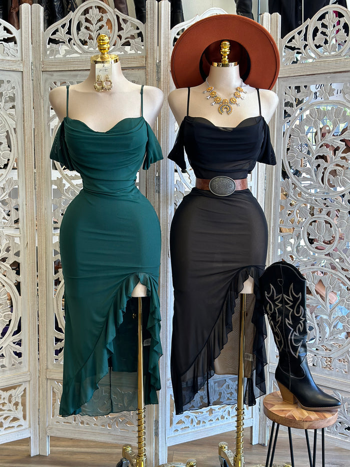 Mesh Off Shoulder Midi Dress- Stretchy,Estira
