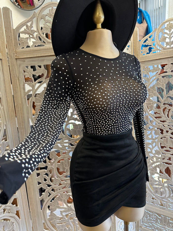 Mesh Rhinestone Detail Bodysuit