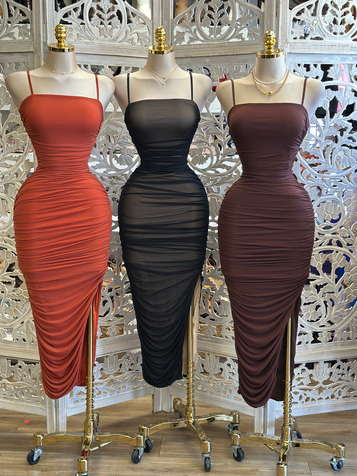 Mesh Ruched Midi Dress- Estira, Stretchy