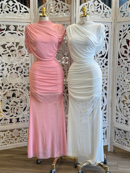 Mesh Shawl Maxi Dress- Estira, Stretchy