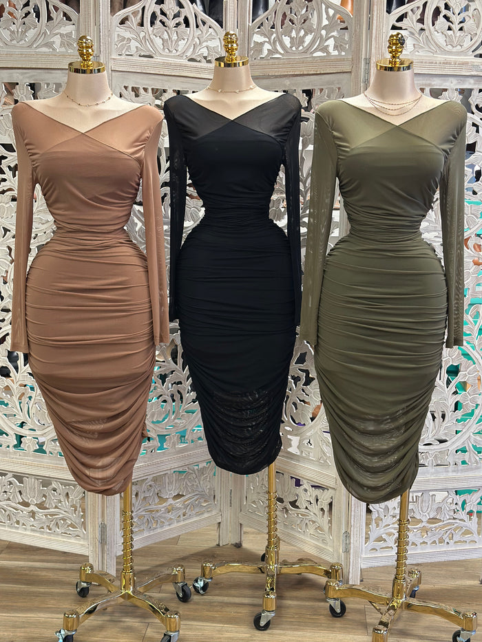 MeshRuched Crossed Dress- Stretchy,Estira