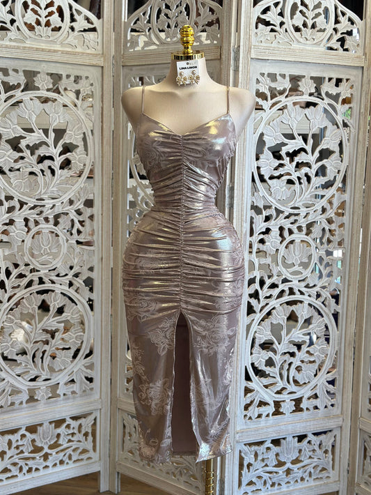 Metallic Floral Midi Dress- Stretchy , Estira