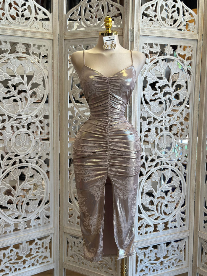 Metallic Floral Midi Dress- Stretchy , Estira