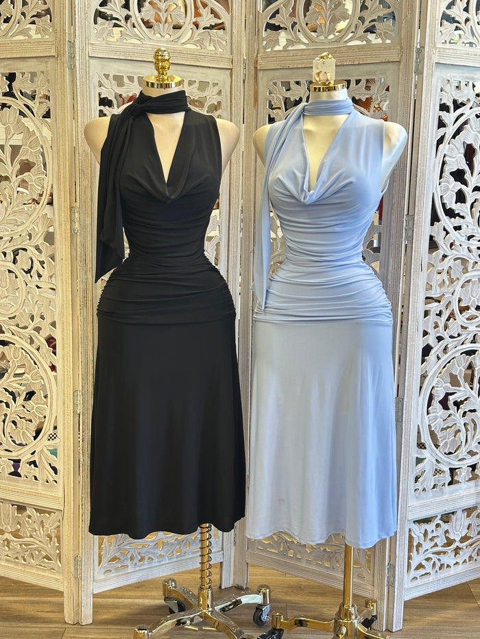 Midi Cowl Neck Scarfed Dress- Estira, Stretchy