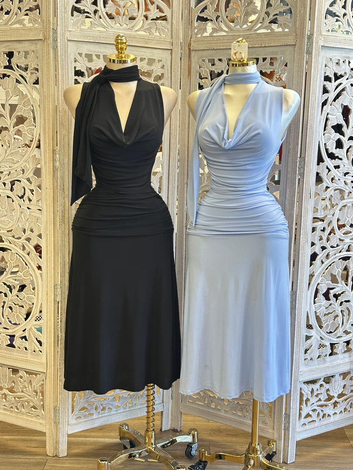 Midi Cowl Neck Scarfed Dress- Estira, Stretchy