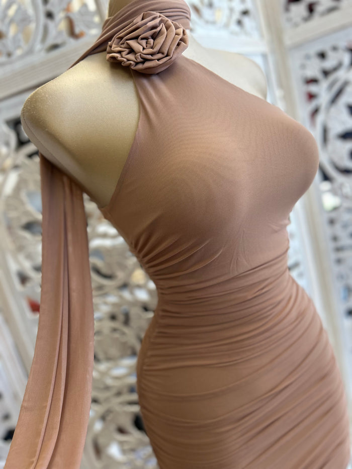 Mocha Ruched Flower Detail Dress- Stretchy