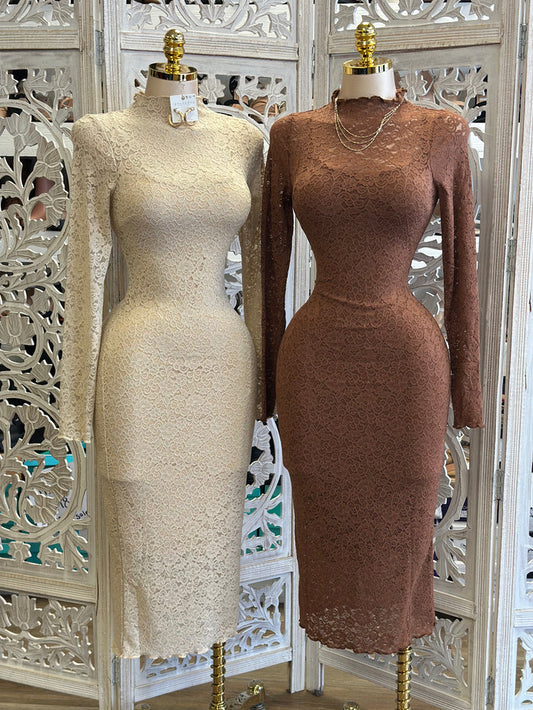 Mock Neck Lace Maxi Dress- Stretchy,Estira