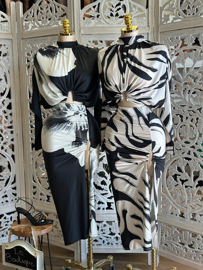 Multi Pattern Draped Top and Skirt Set - Stretchy, Estira