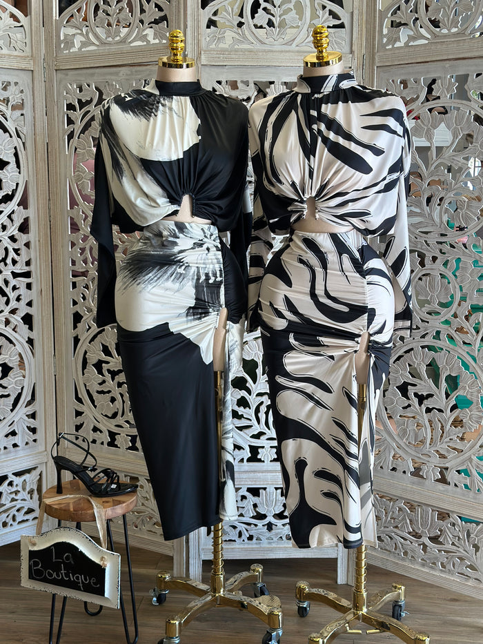 Multi Pattern Draped Top and Skirt Set - Stretchy, Estira