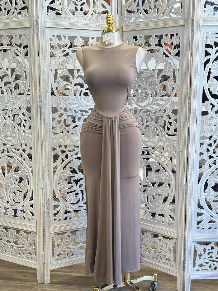 Neutral Midi Dress- Estira, Stretchy