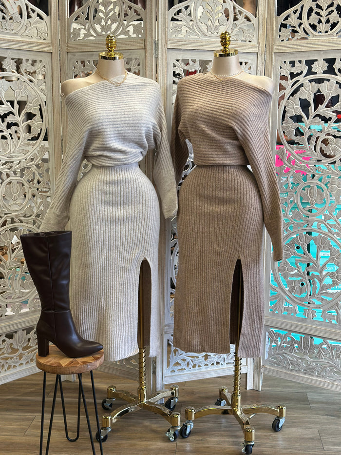 Neutral Off Shoulder Sweater Dress- Stretchy,Estira