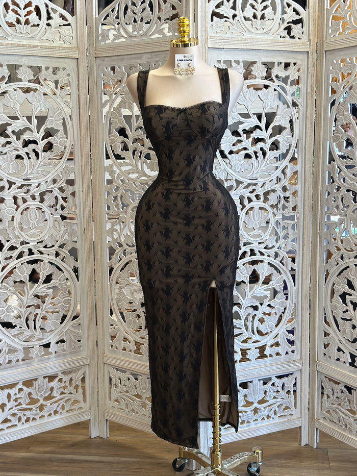 Nude and Black Lace Bodycon Midi Dress- Stretchy ,