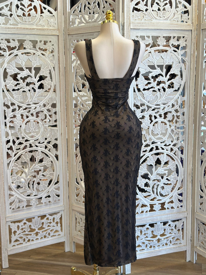Nude and Black Lace Bodycon Midi Dress- Stretchy ,