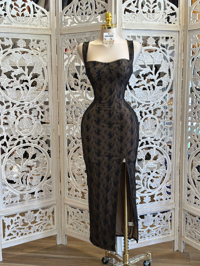 Nude and Black Lace Bodycon Midi Dress- Stretchy ,