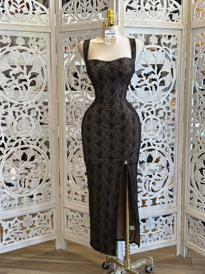 Nude and Black Lace Bodycon Midi Dress- Stretchy ,