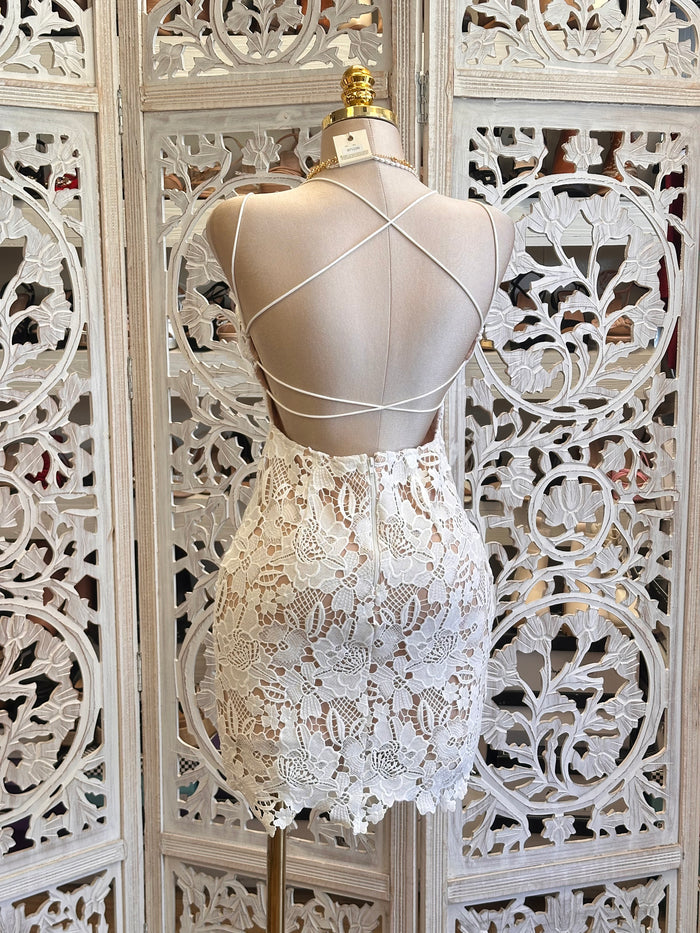 Nude Lace Crossback Mini Dress- Slightly Stretchy, Estira Poco