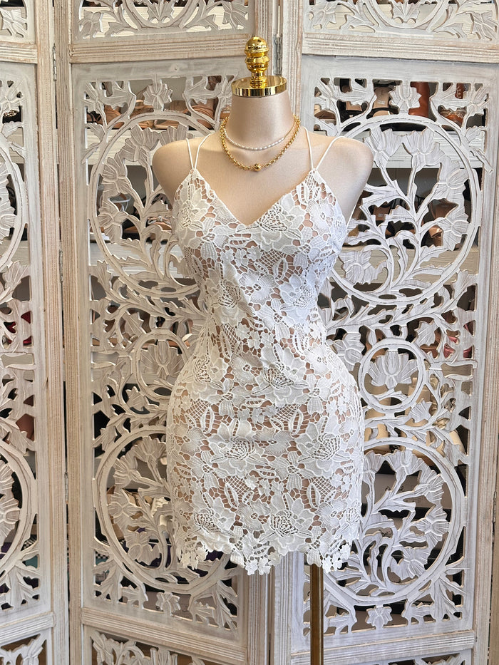 Nude Lace Crossback Mini Dress- Slightly Stretchy, Estira Poco