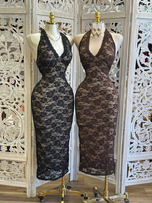 Nude Lace Midi Dress- Estira, Stretchy