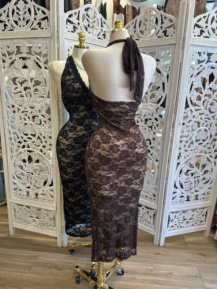 Nude Lace Midi Dress- Estira, Stretchy