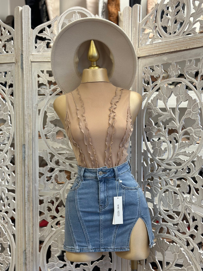 Nude Mesh Ruffle Top - Stretchy