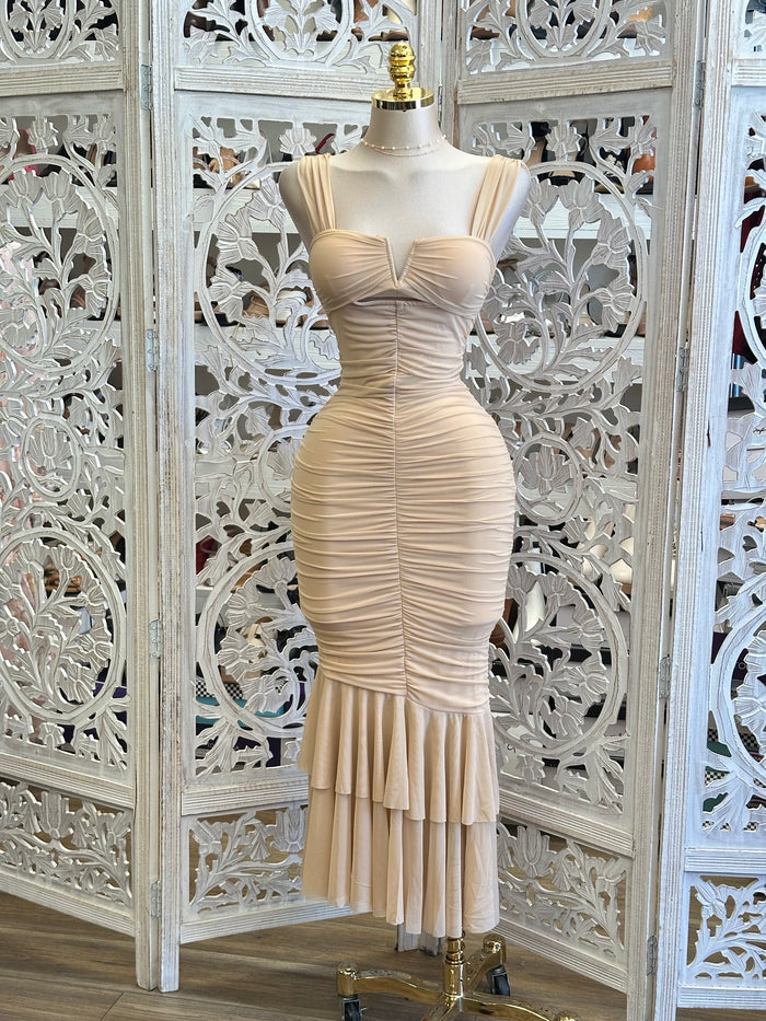 Nude Ruched Midi Dress- Estira, Stretchy