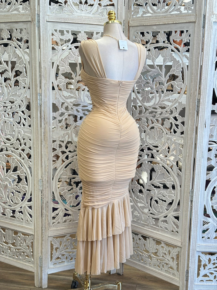 Nude Ruched Midi Dress- Estira, Stretchy
