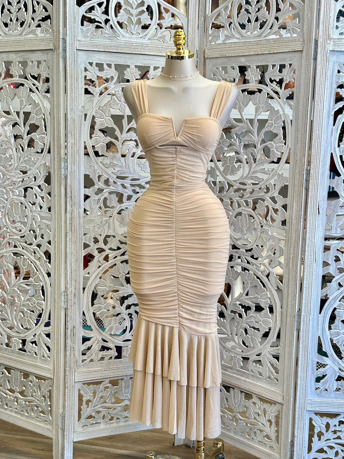 Nude Ruched Midi Dress- Estira, Stretchy