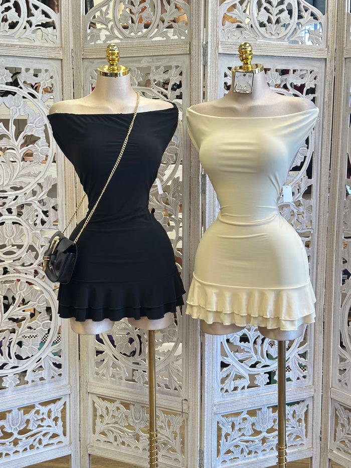 Off Shoulder Back Cutout Mini Dress- Estira, Stretchy