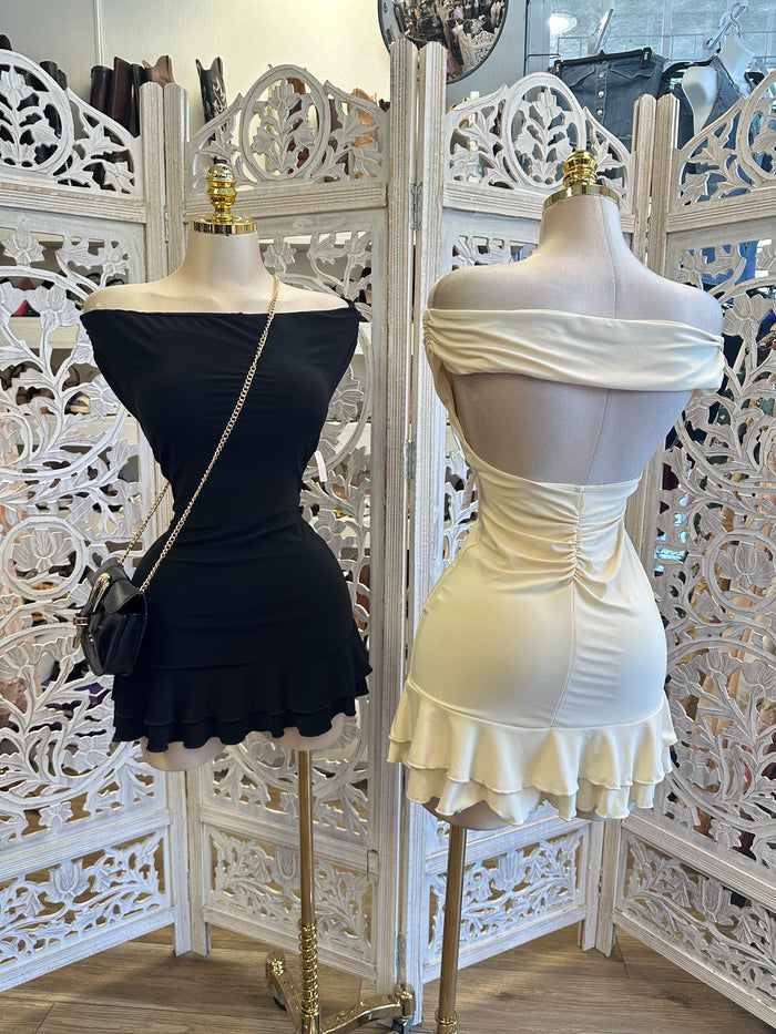Off Shoulder Back Cutout Mini Dress- Estira, Stretchy