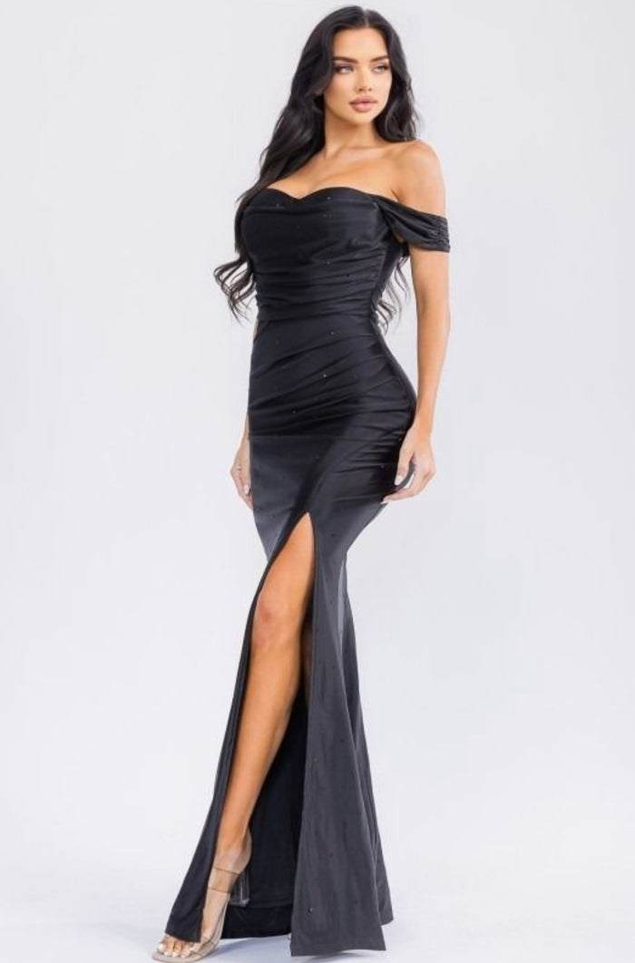 Off Shoulder Bedazzled Gown- Estira , Stretchy