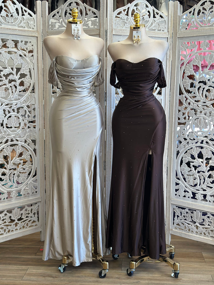 Off Shoulder Bedazzled Gown- Estira , Stretchy