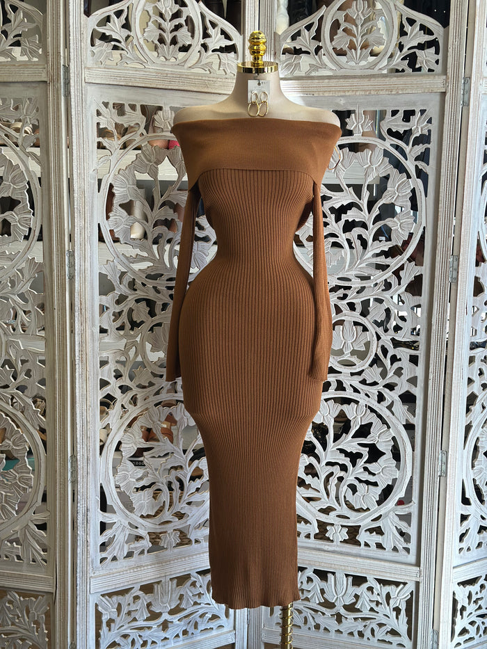 Off Shoulder Brown Ribbed Sweater Dress- Stretchy,Estira