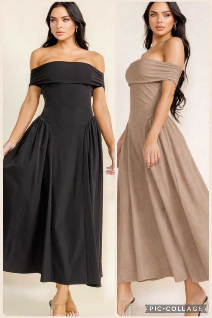 Off Shoulder Flare Midi Dress- Estira, Stretchy