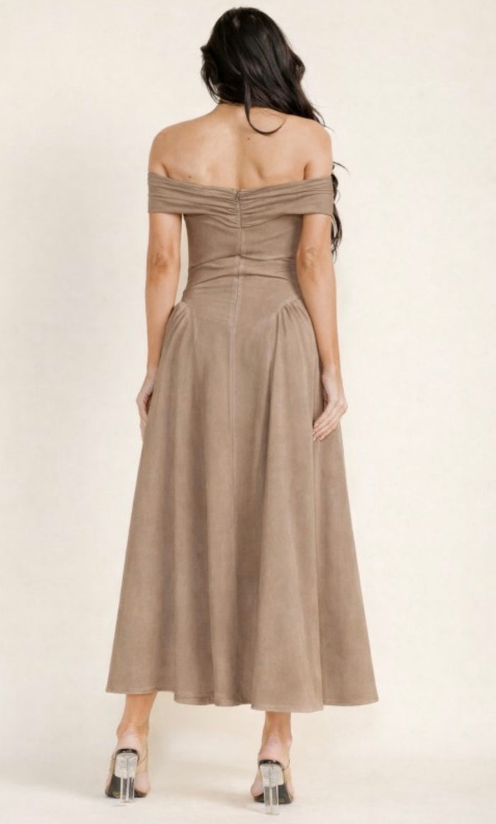 Off Shoulder Flare Midi Dress- Estira, Stretchy