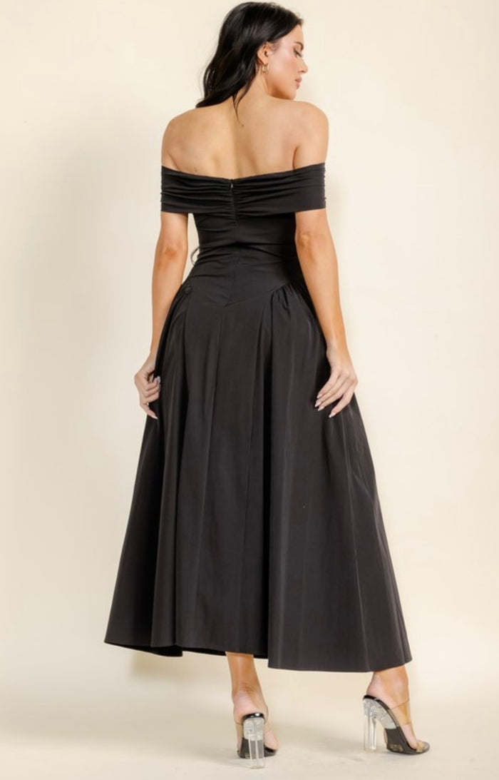 Off Shoulder Flare Midi Dress- Estira, Stretchy