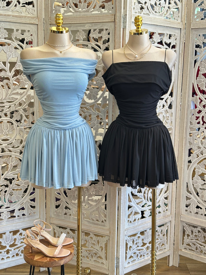 Off Shoulder Flowy Mini Dress- Estira, Stretchy