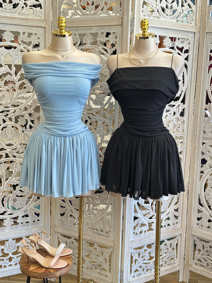 Off Shoulder Flowy Mini Dress- Estira, Stretchy