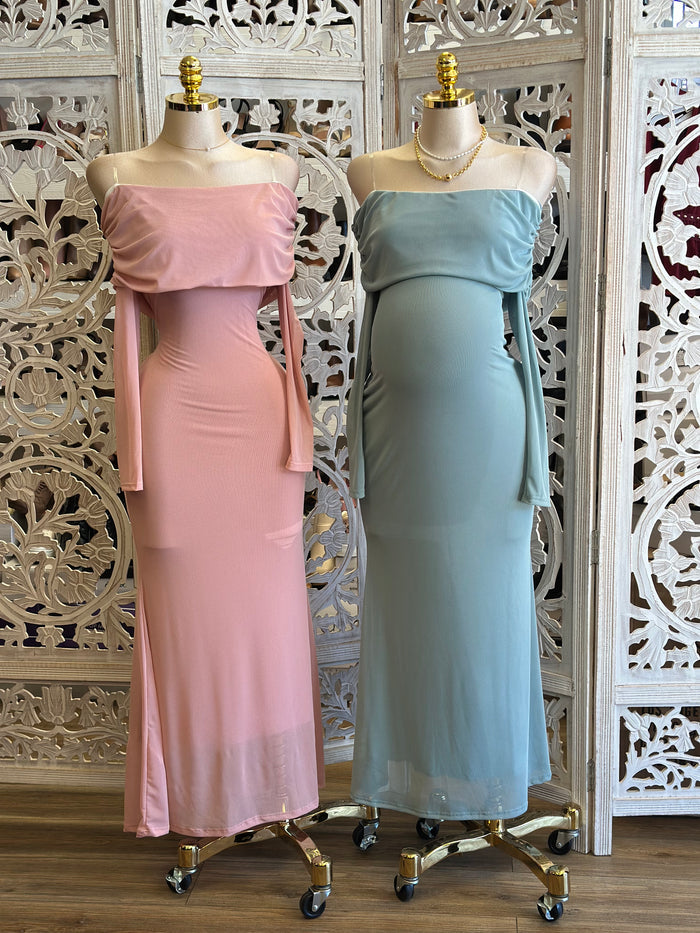 Off Shoulder Mesh Maxi Dress-Stretchy, Estira