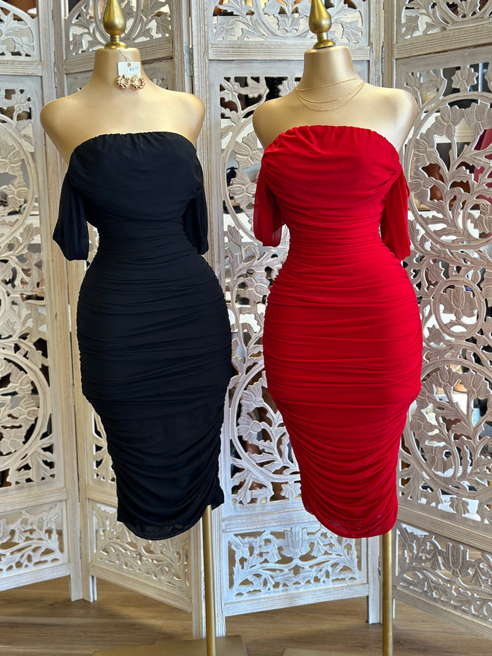 Off Shoulder Midi Ruched Dress- Stretchy