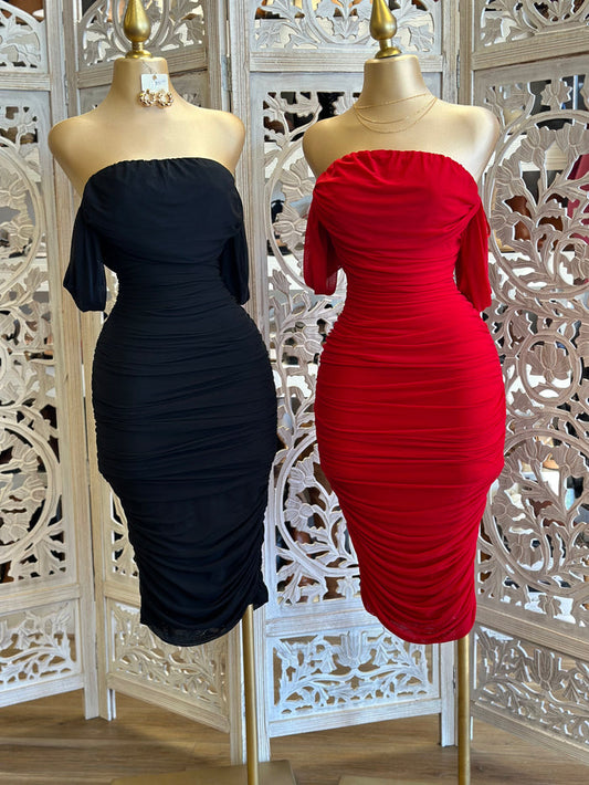 Off Shoulder Midi Ruched Dress- Stretchy
